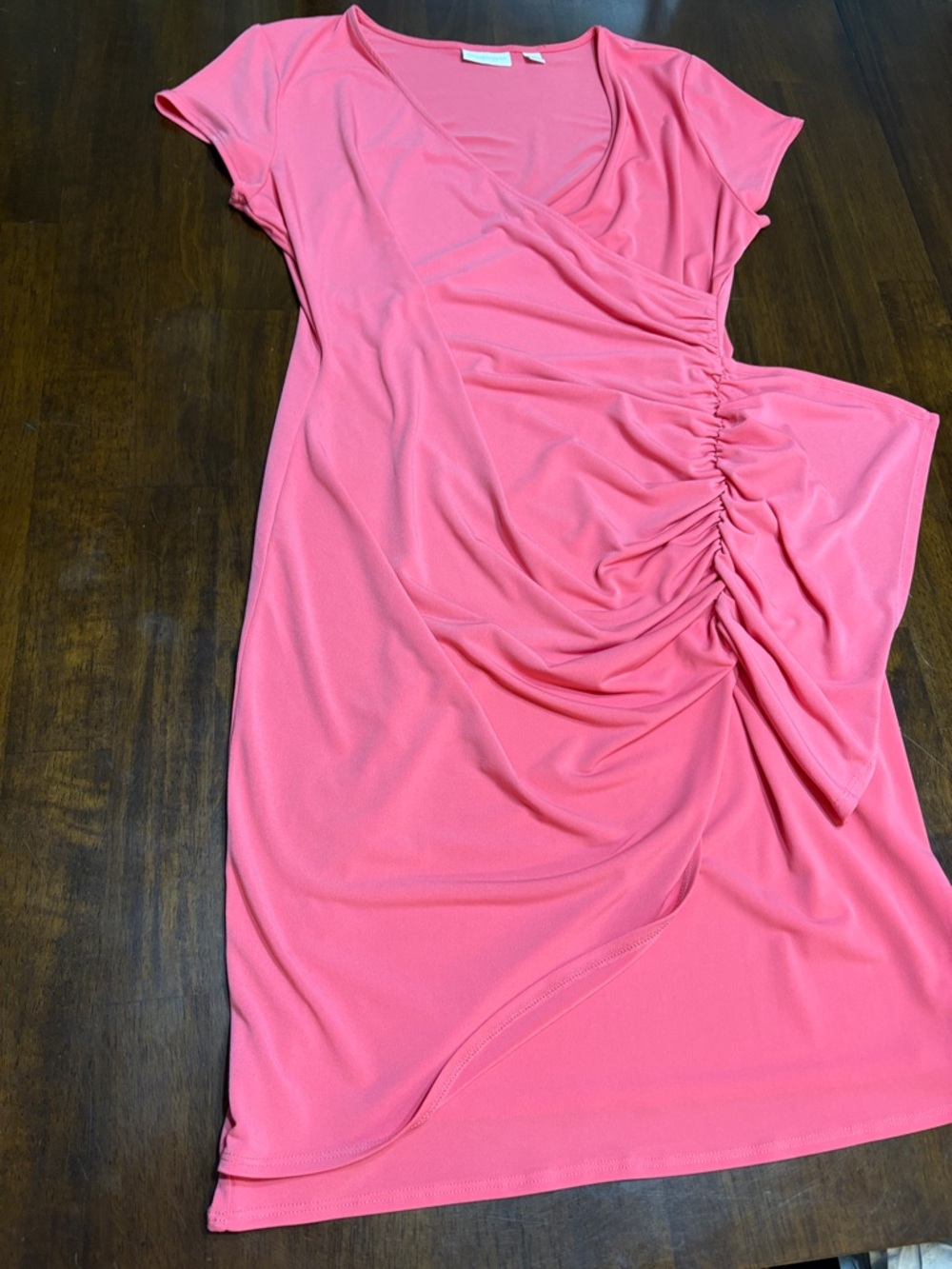 New York & Company Coral Pink Ruched Wrap Midi Dress